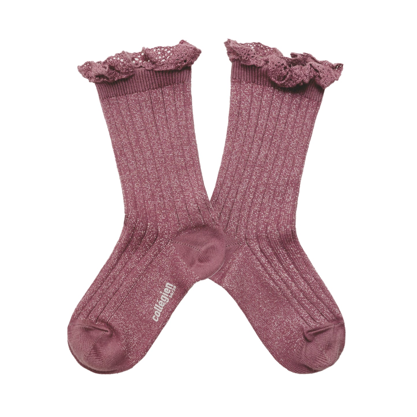 Glitter Ribbed Lace Crew Sock - Raisin