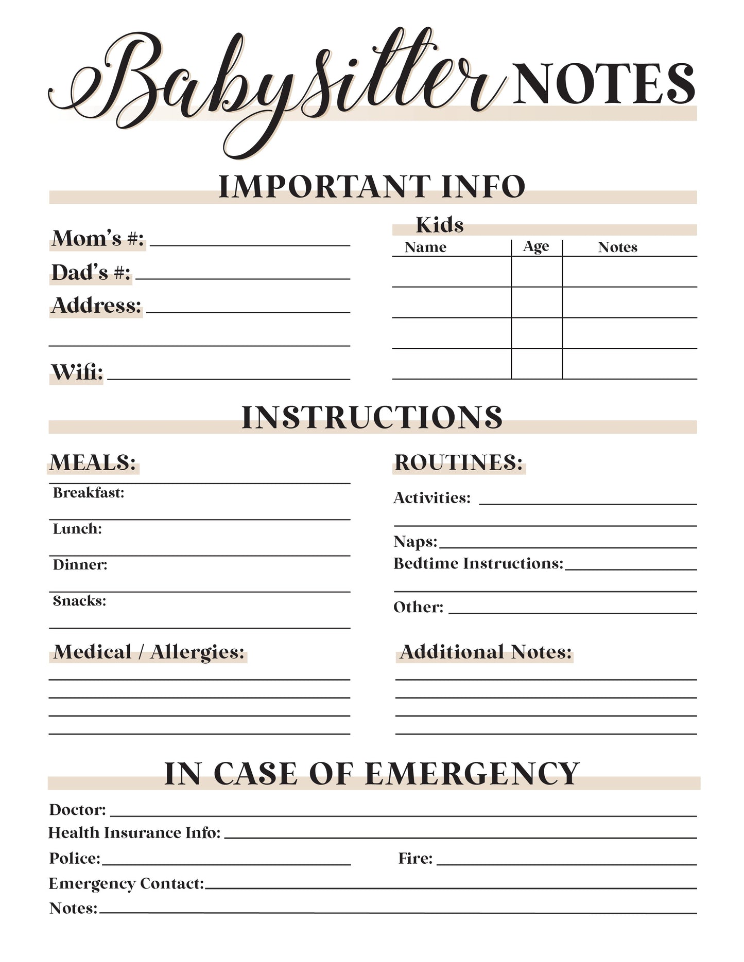 Babysitter Notes - Free Digital Download