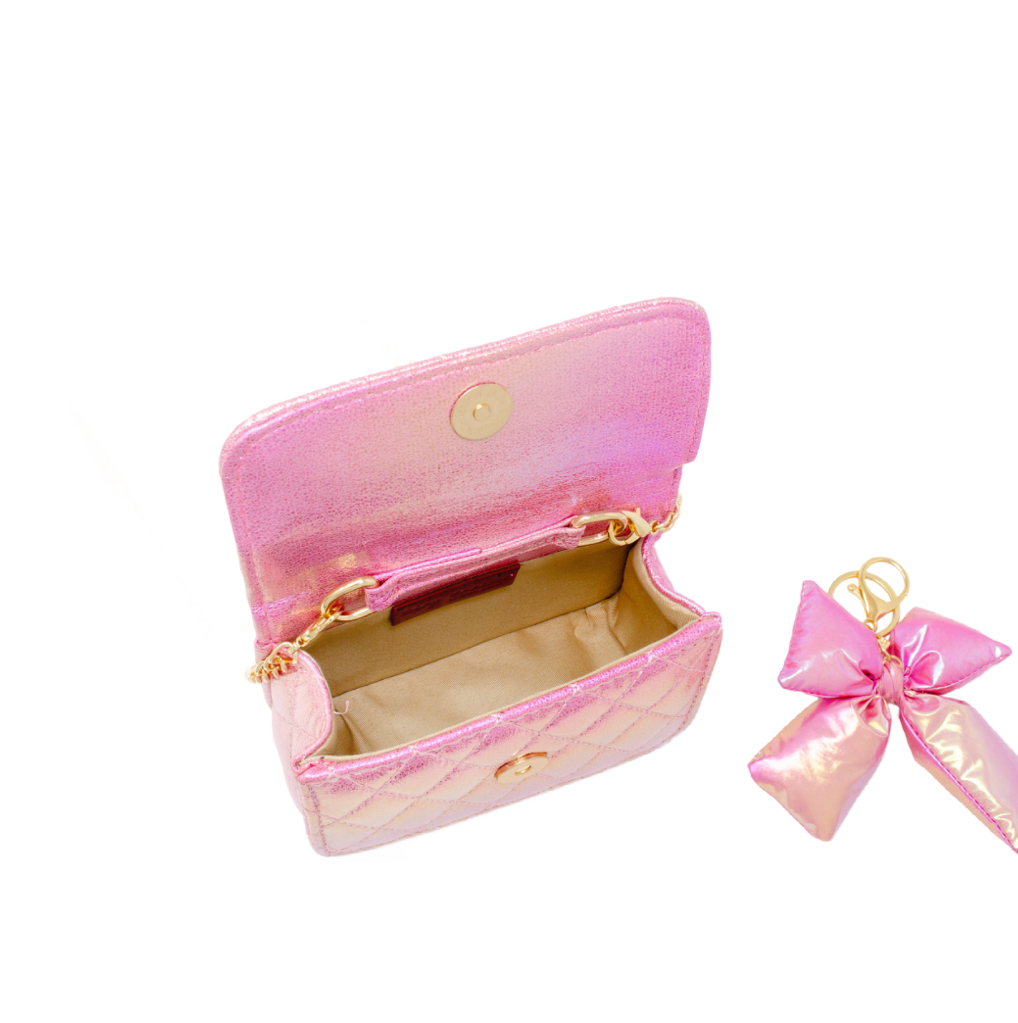 Shiny Quilted Fluffy Bow Handbag - Hot Pink