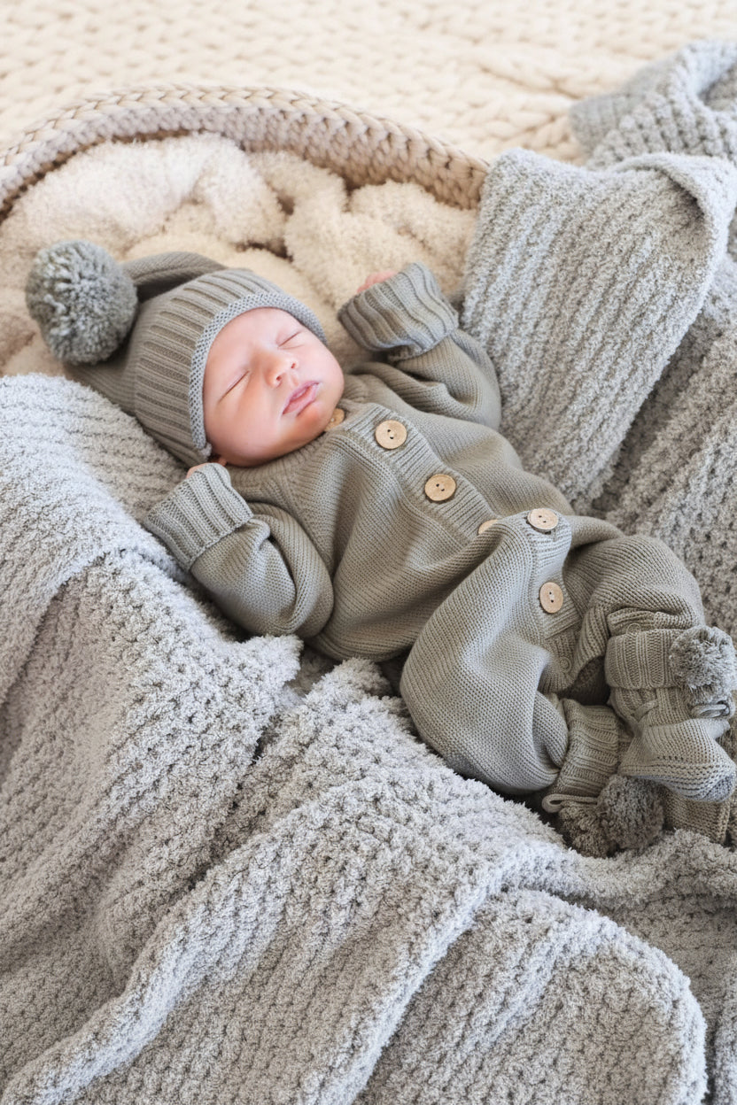 Knit Pom Pom Baby Booties | Smoke