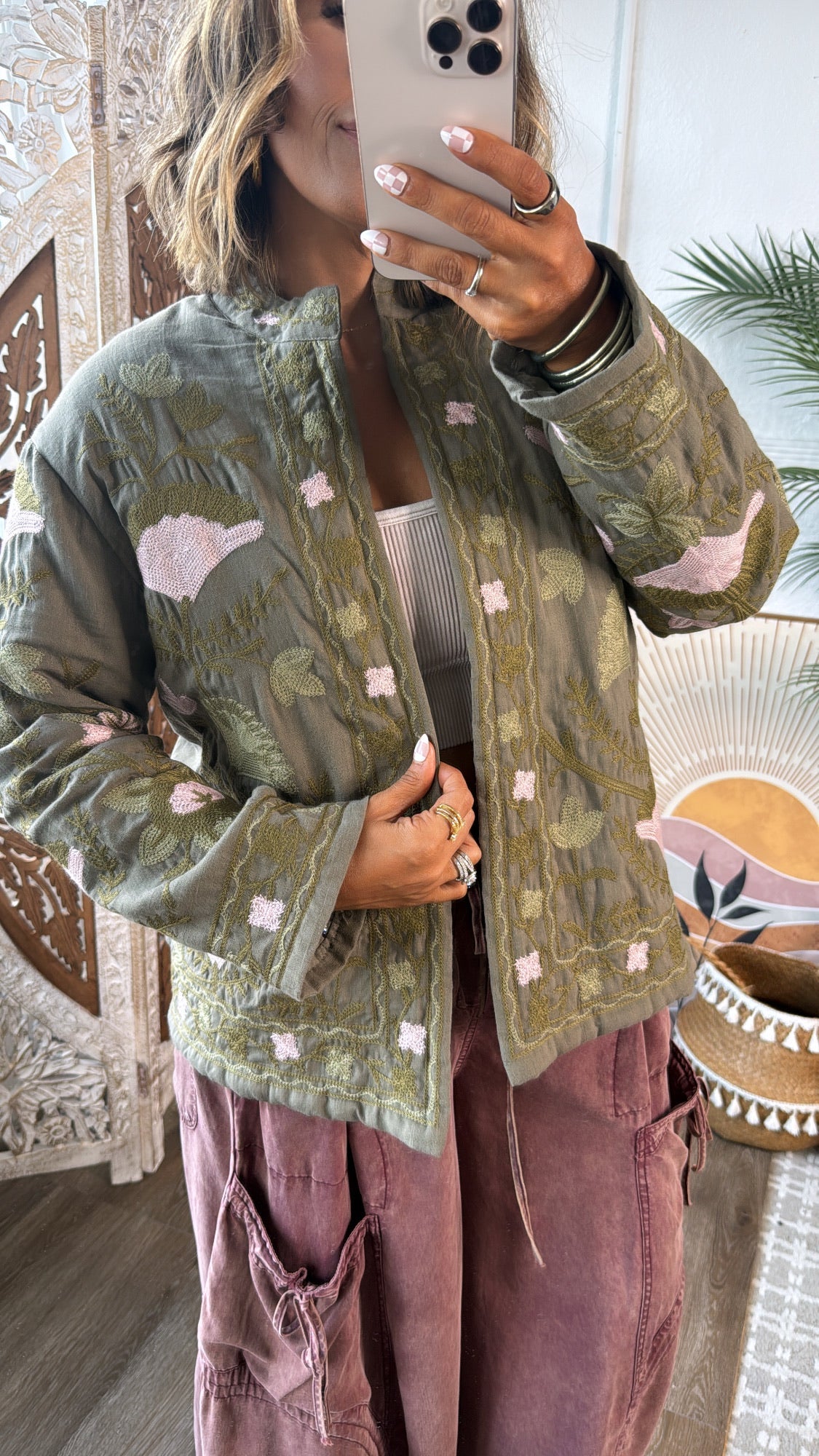 Flourish Floral Printed Jacket, Olive/Blush