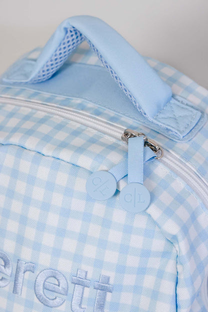 Kids Embroidered Backpack | Blue Gingham