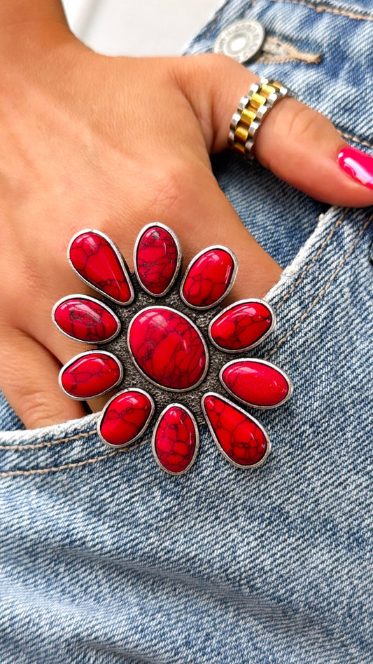 Metal Flower Ring, Red