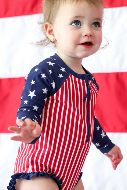 Long Sleeve Rash Guard with Front Zipper | Stars & Stripes Party