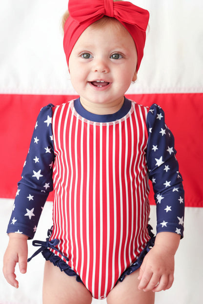 Long Sleeve Rash Guard With Ruffle Bottom | Stars & Stripes Party