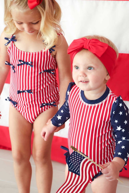 Long Sleeve Rash Guard With Ruffle Bottom | Stars & Stripes Party