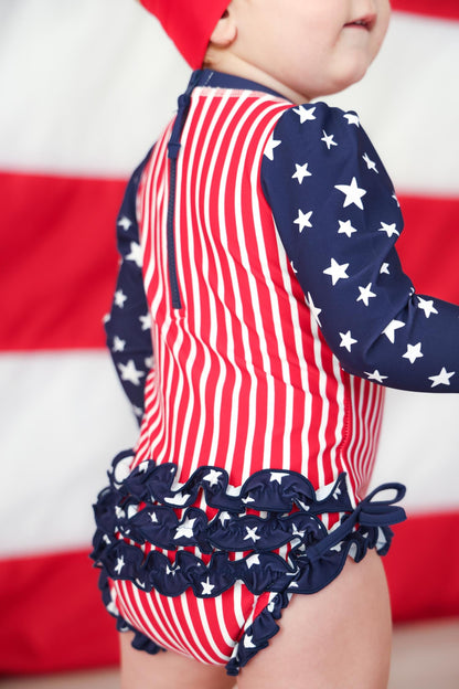 Long Sleeve Rash Guard With Ruffle Bottom | Stars & Stripes Party