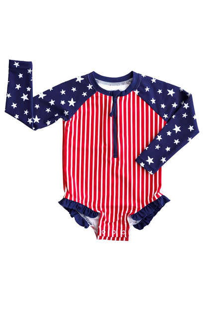 Long Sleeve Rash Guard with Front Zipper | Stars & Stripes Party