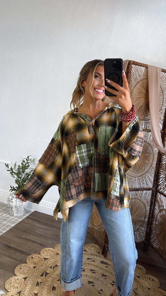 Mix It Up Patchwork Flannel Hooded Top