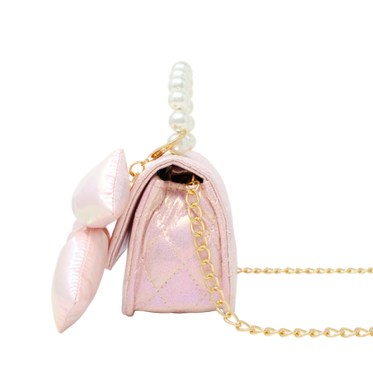 Shiny Quilted Fluffy Bow Handbag - Pink