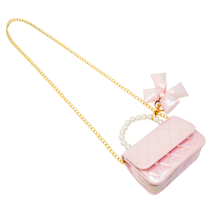 Shiny Quilted Fluffy Bow Handbag - Pink