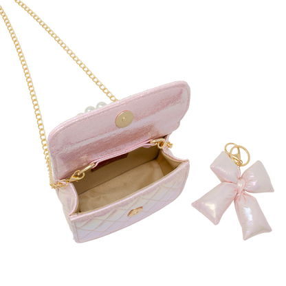 Shiny Quilted Fluffy Bow Handbag - Pink