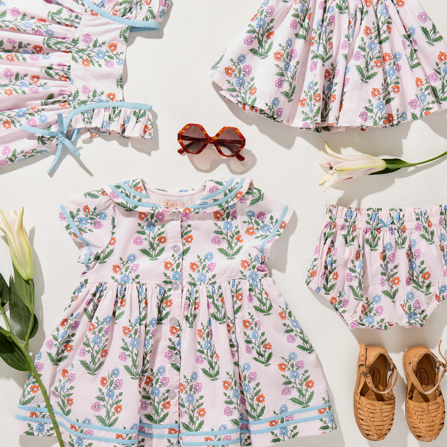 Girls Elowen Dress - Pink Dewdrop Block Print