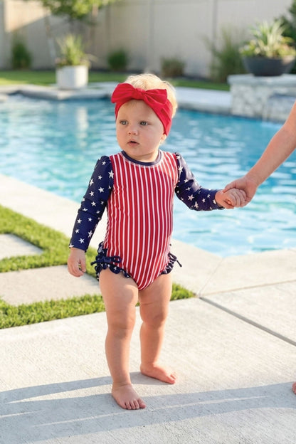 Long Sleeve Rash Guard With Ruffle Bottom | Stars & Stripes Party