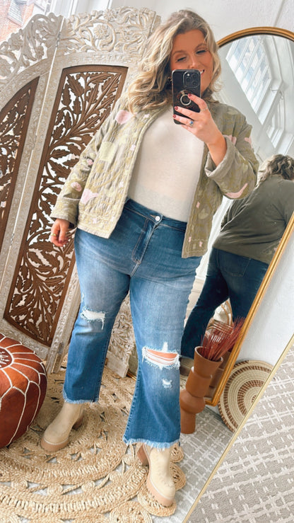 Flourish Floral Printed Jacket, Olive/Blush