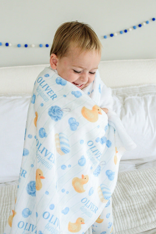 Personalized Kids Blanket | Bubble Duckies Blue
