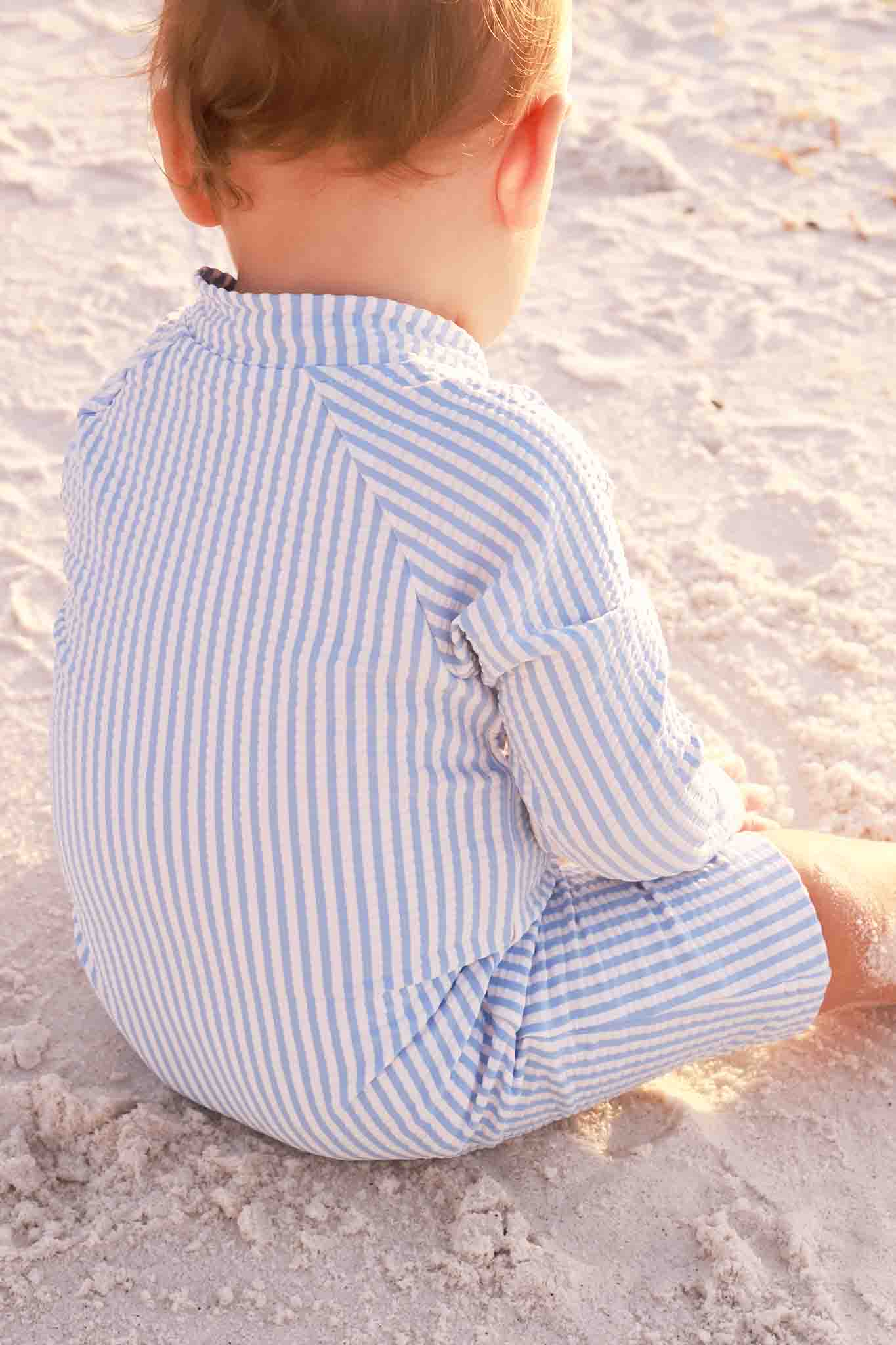 Long Sleeve Rash Guard Swim Romper Shortie | Seersucker Blue