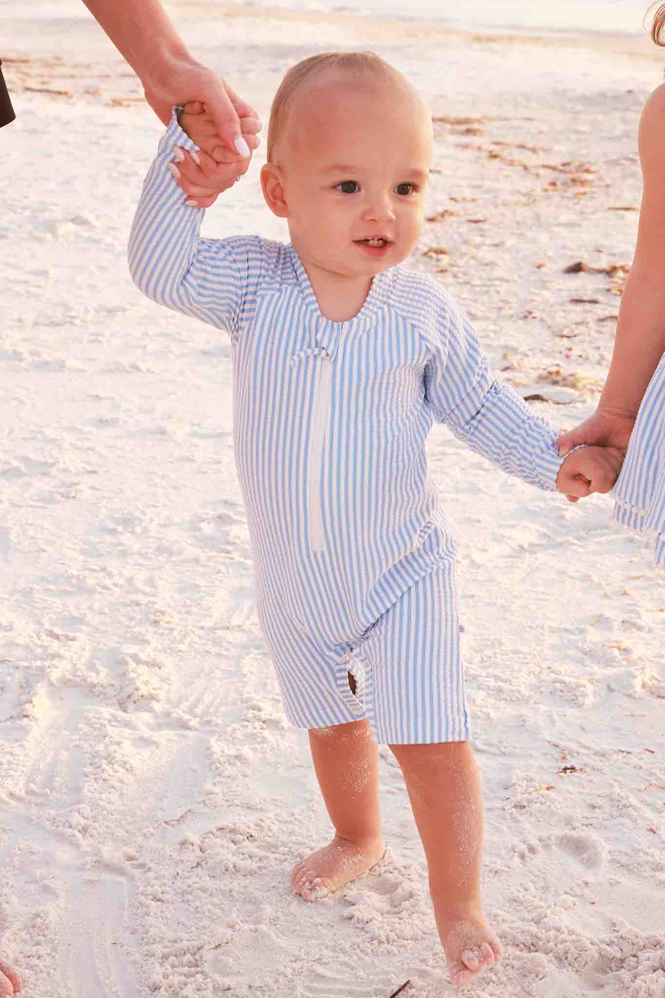 Long Sleeve Rash Guard Swim Romper Shortie | Seersucker Blue