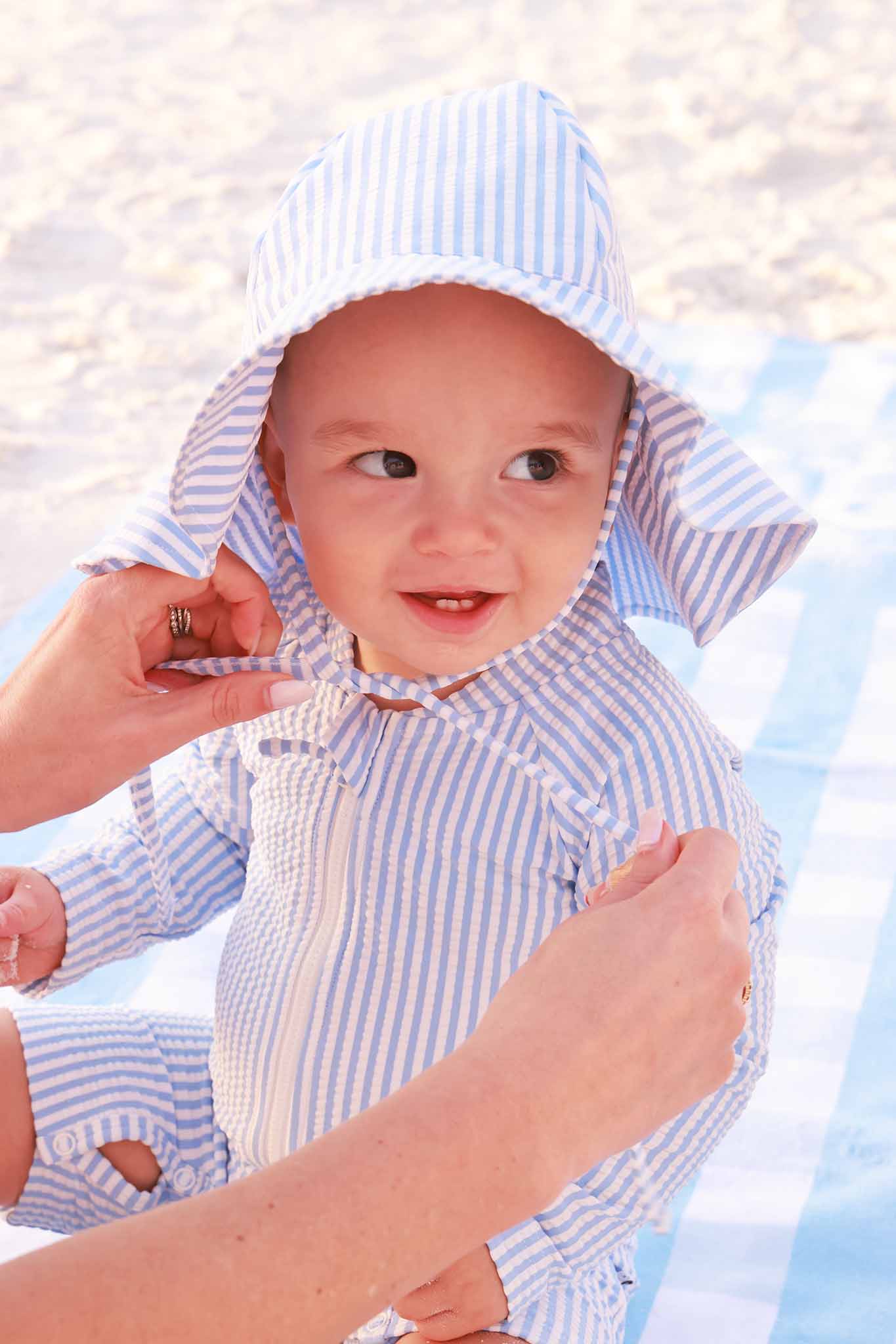 Long Sleeve Rash Guard Swim Romper Shortie | Seersucker Blue