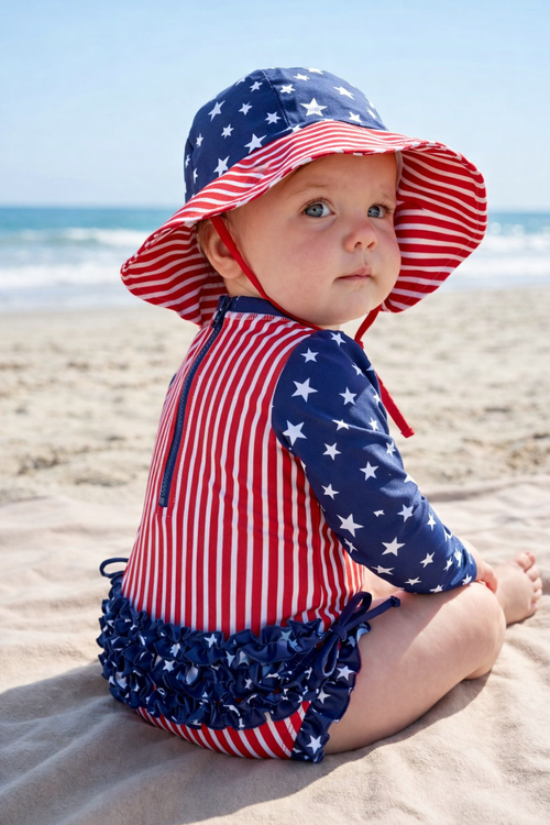 Long Sleeve Rash Guard With Ruffle Bottom | Stars & Stripes Party