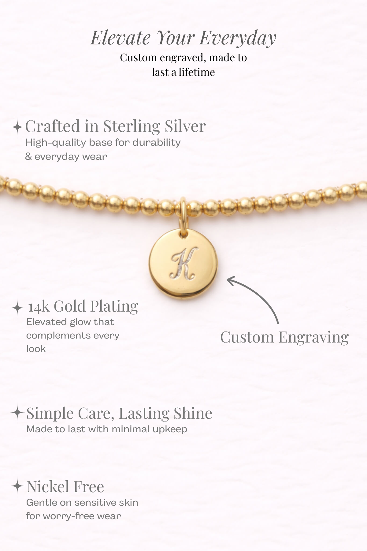 Engraved Circle Charm Beaded Bracelet