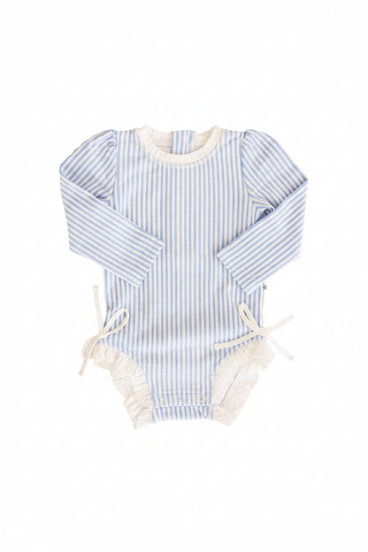 Long Sleeve Rash Guard With Ruffle Bottom | Seersucker Blue
