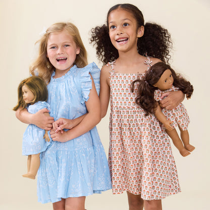 Doll Elsie Dress - Pink Prairie Block Print