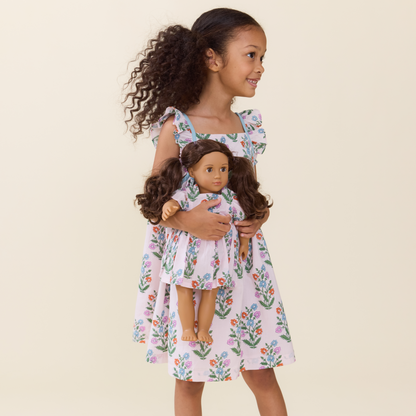 Doll Elsie Dress - Pink Dewdrop Block Print
