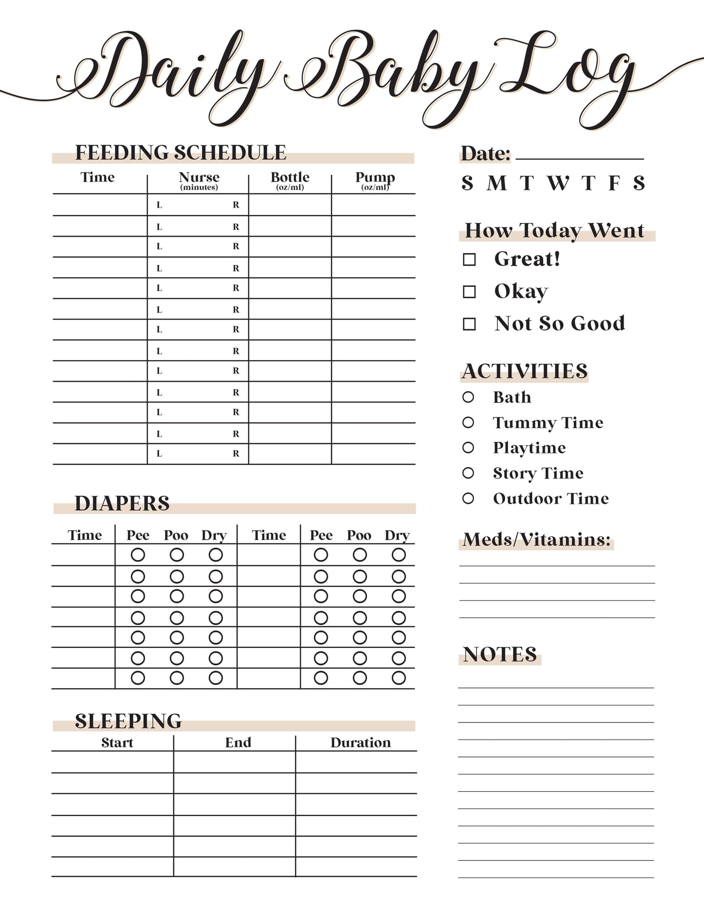 Daily Baby Log - Free Digital Download