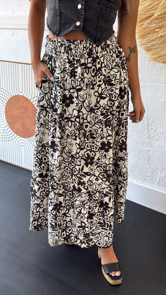 Picture Perfect Floral Tiered Midi Skirt, Black