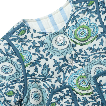 Girls Reversible Quilted Jacket- Blue Lisbon Floral