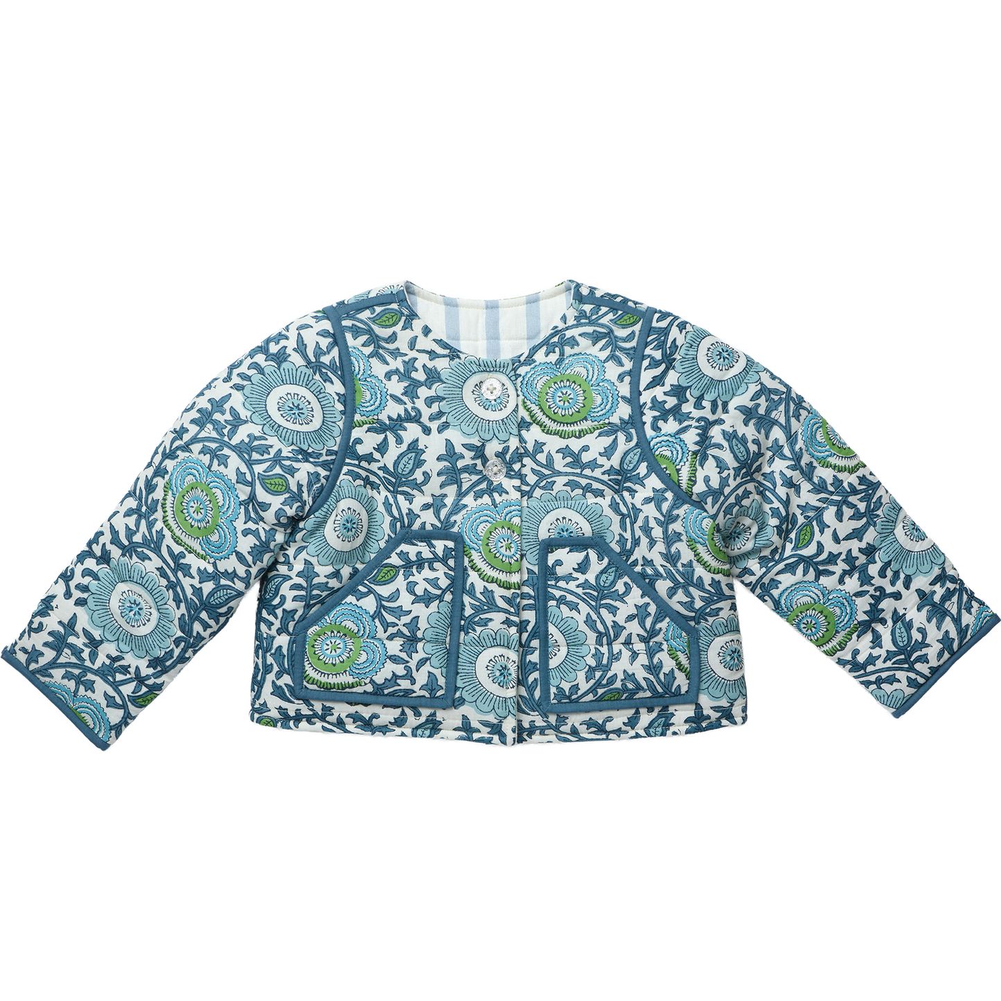 Girls Reversible Quilted Jacket- Blue Lisbon Floral