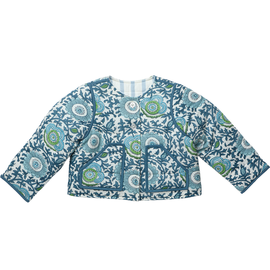 Girls Reversible Quilted Jacket- Blue Lisbon Floral