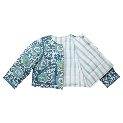 Girls Reversible Quilted Jacket- Blue Lisbon Floral