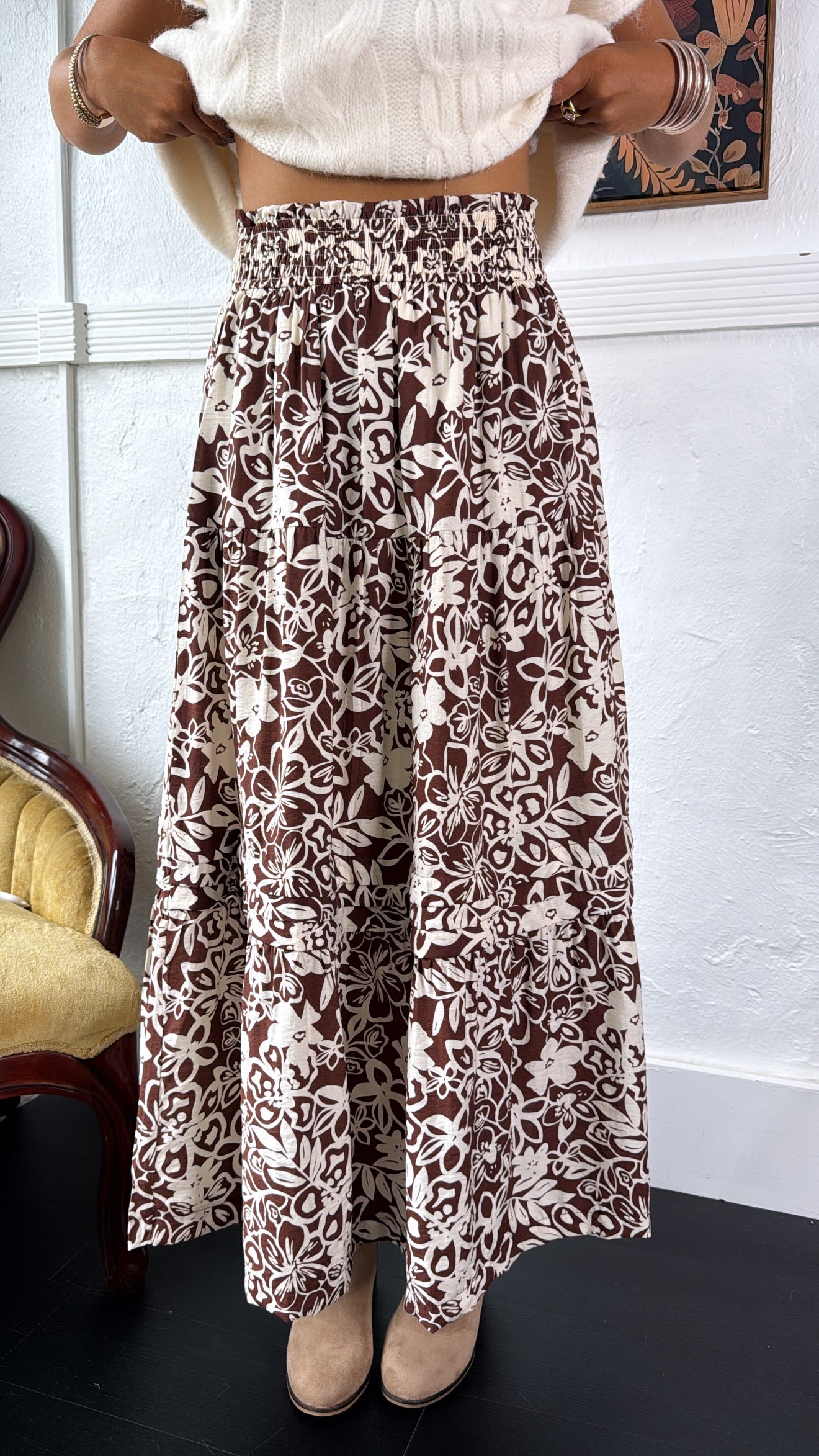 Picture Perfect Floral Tiered Midi Skirt, Brown