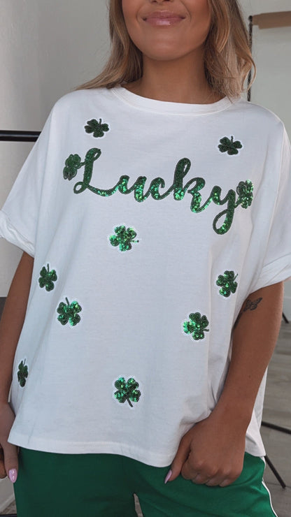 Lucky Sequin Patch Top, White