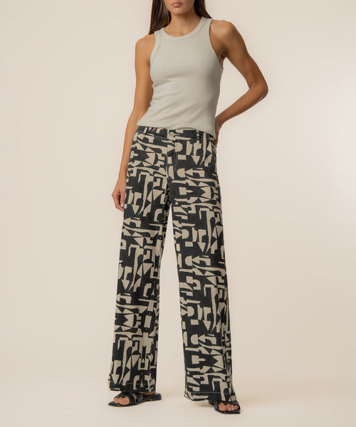 Meg Linen Wide Leg Pant in Black/Cream