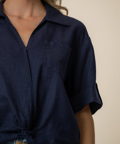 Rebel Linen Knot Front Shirt in Navy