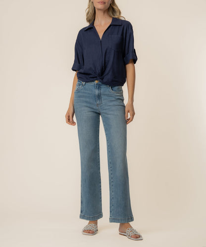 Rebel Linen Knot Front Shirt in Navy