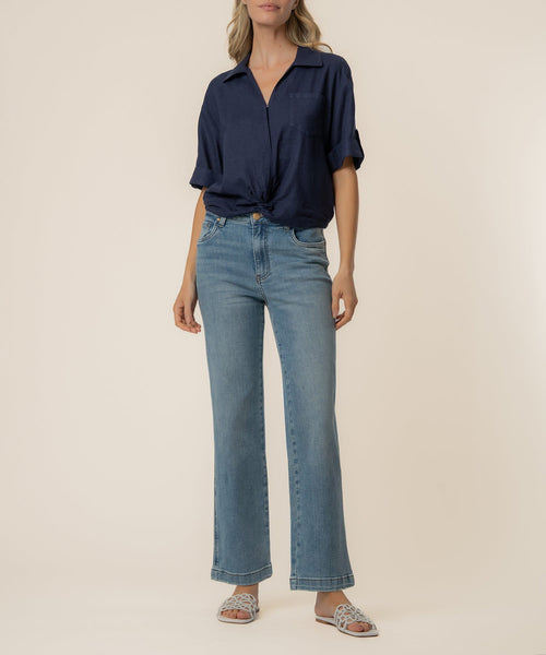 Rebel Linen Knot Front Shirt in Navy
