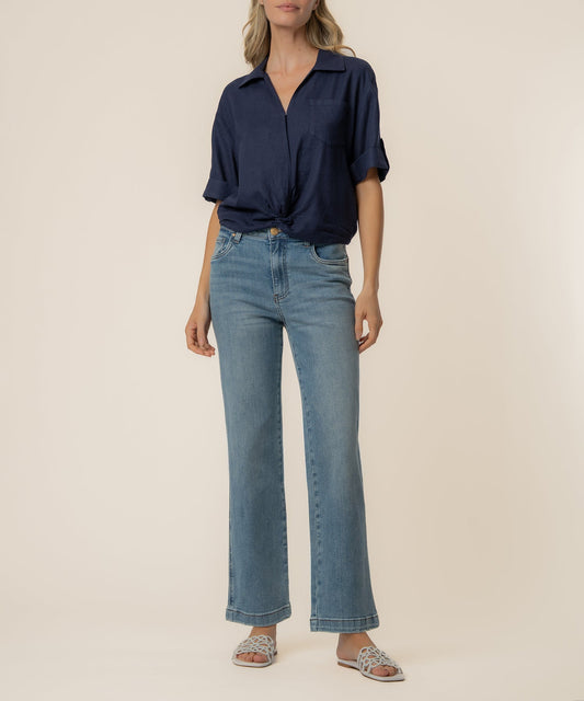 Rebel Linen Knot Front Shirt in Navy