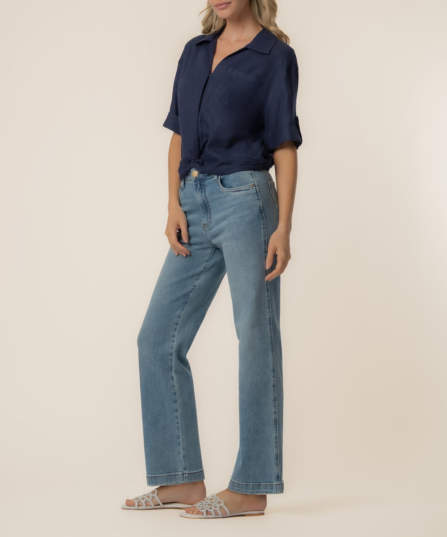 Rebel Linen Knot Front Shirt in Navy