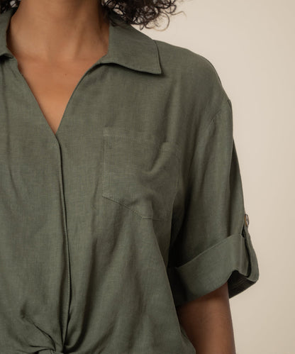 Rebel Linen Knot Front Shirt in Seaweed