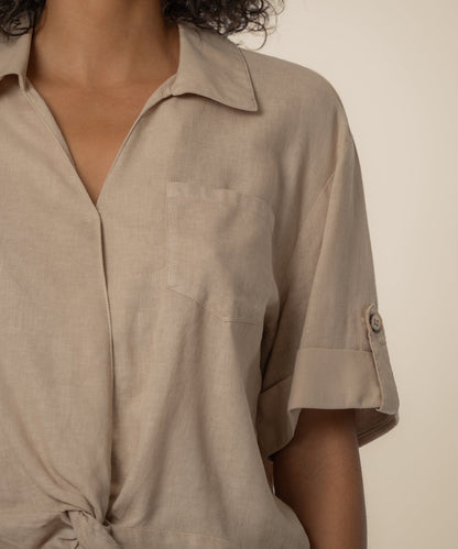 Rebel Linen Knot Front Shirt in Stone