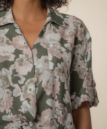 Rebel Linen Knot Front Shirt in Andalusia Seaweed/Khaki