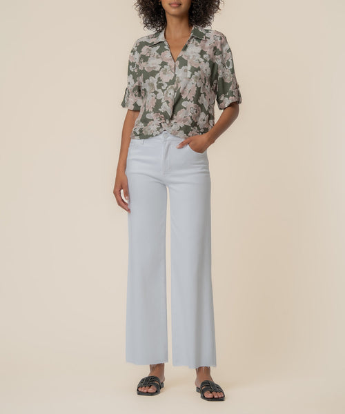 Rebel Linen Knot Front Shirt in Andalusia Seaweed/Khaki