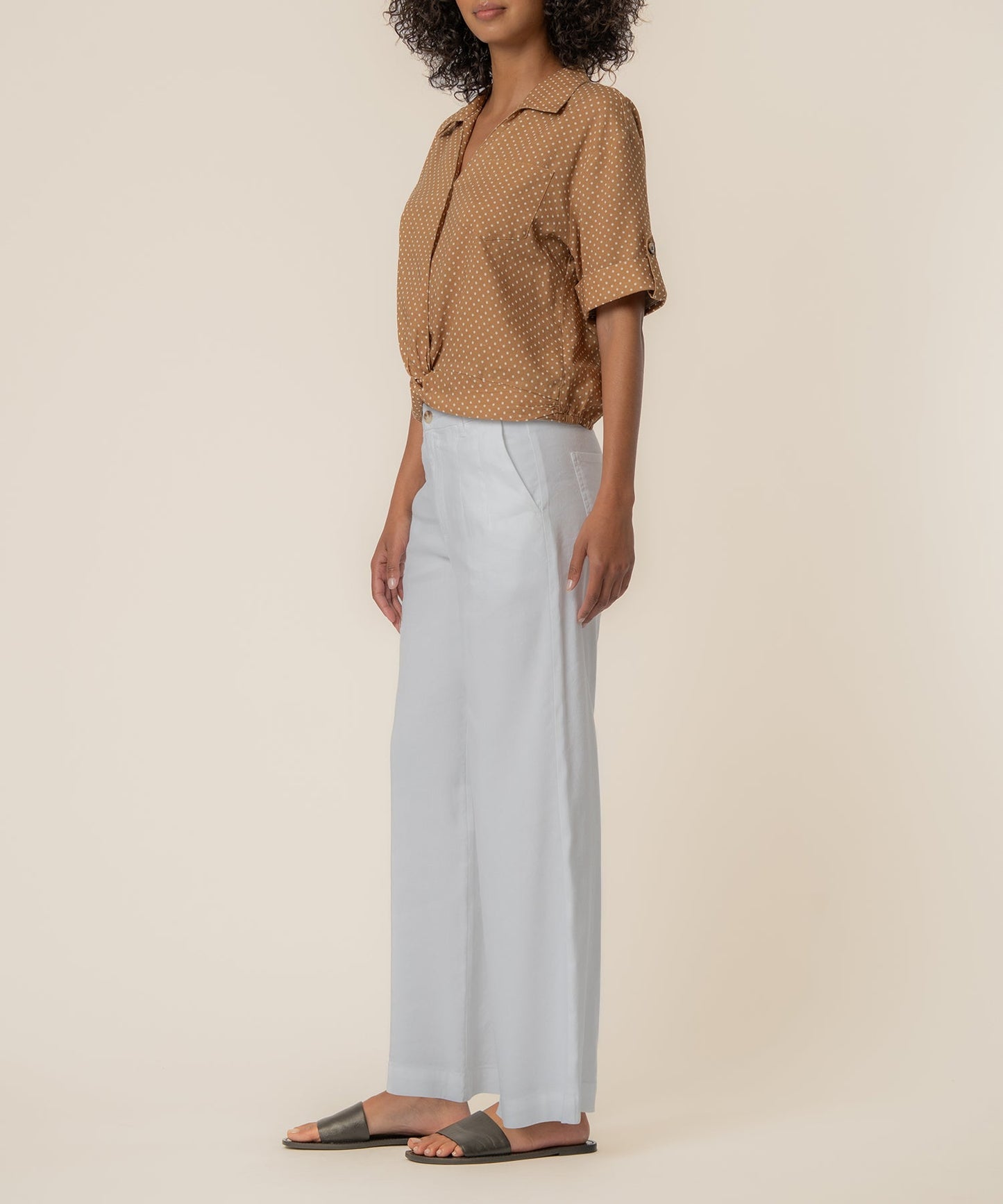 Rebel Linen Knot Front Shirt in Dot Wood/Ivory