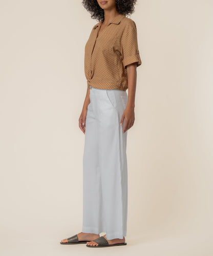 Rebel Linen Knot Front Shirt in Dot Wood/Ivory