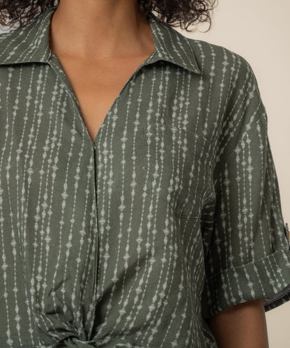 Rebel Linen Knot Front Shirt in Inca Seaweed
