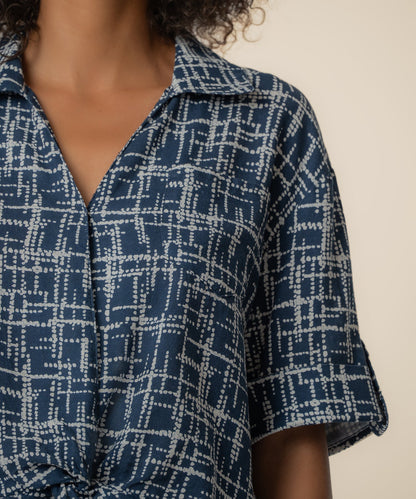 Rebel Linen Knot Front Shirt in Leeds Navy/Ivory